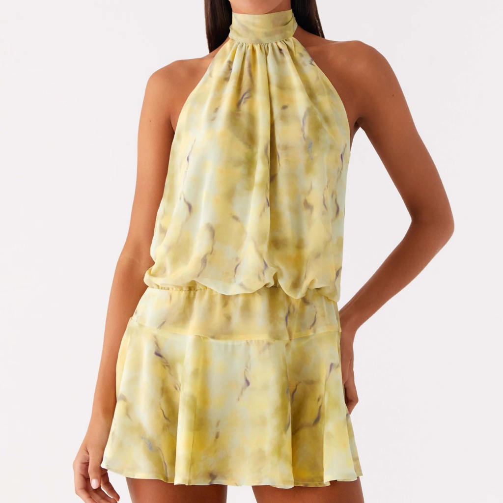 Nwt! Peppermayo First Date Halter Mini Dress- Pale Yellow Marbled